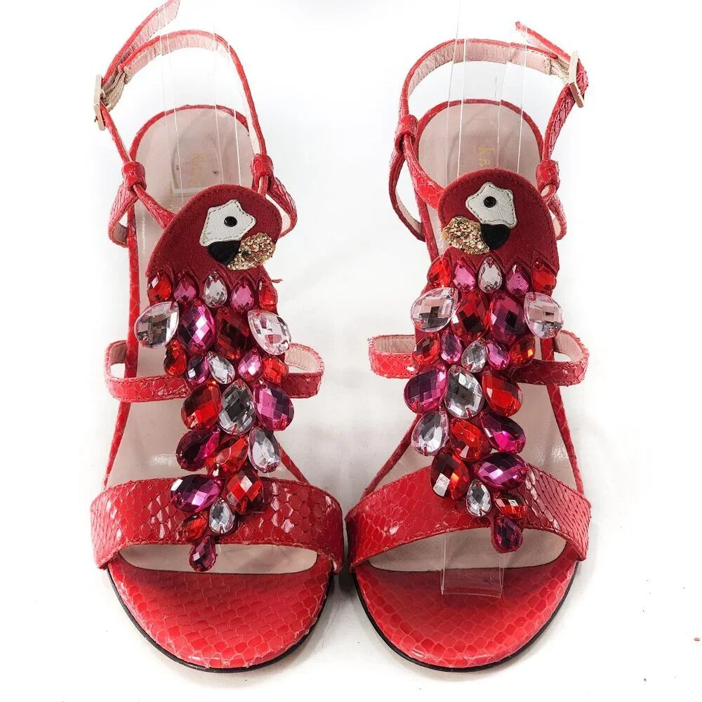KATE SPADE Idalou Parrot Embellished Sandal Snake Embossed Leather‎